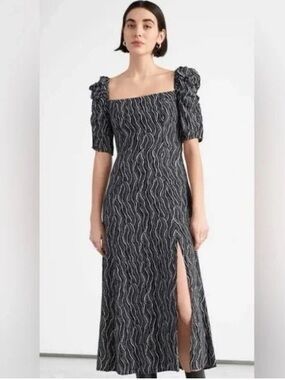 & Other Stories Black and White Wave-Print Square Neck Midi Dress